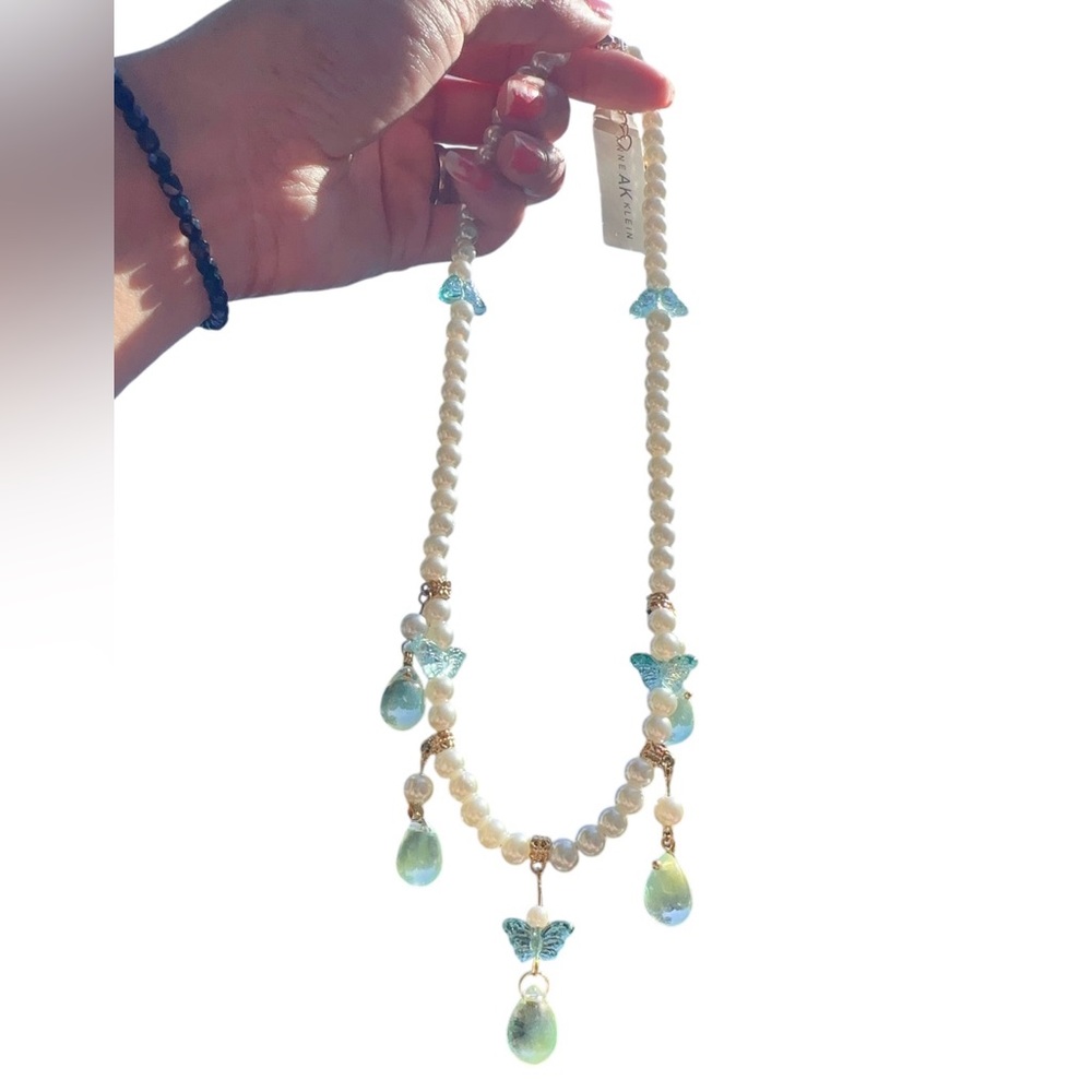 Anne Klein white pearl necklace light blue crystal resin butterfly teardrops